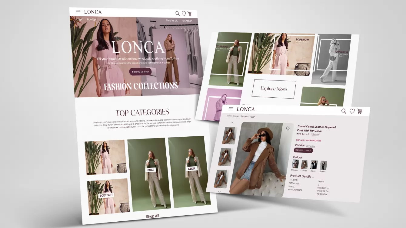 Storefront and product pages for a wholesale fashion brand