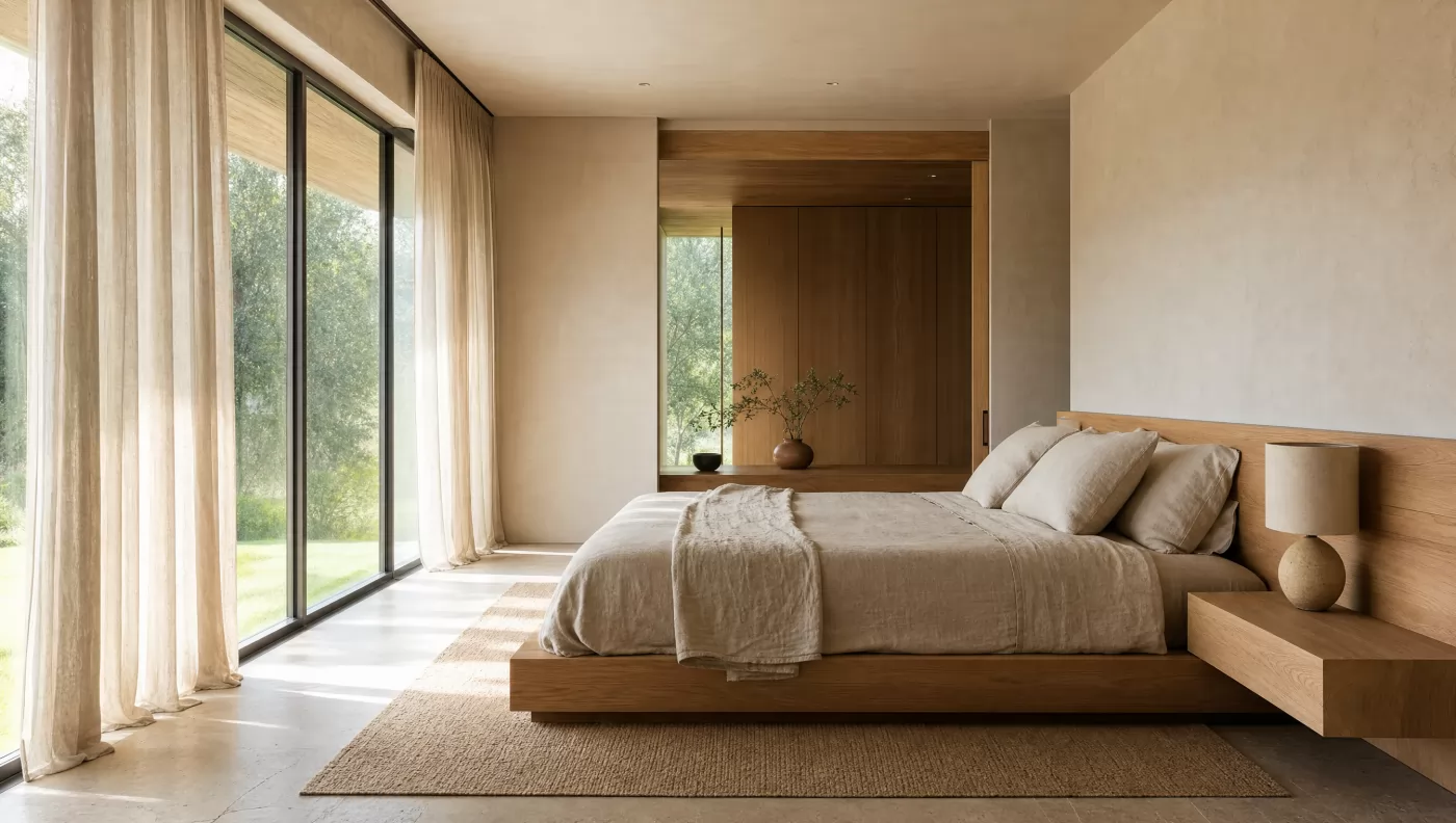 Bedroom with a low oak bed and linen bedding, light filtered through sheer curtains