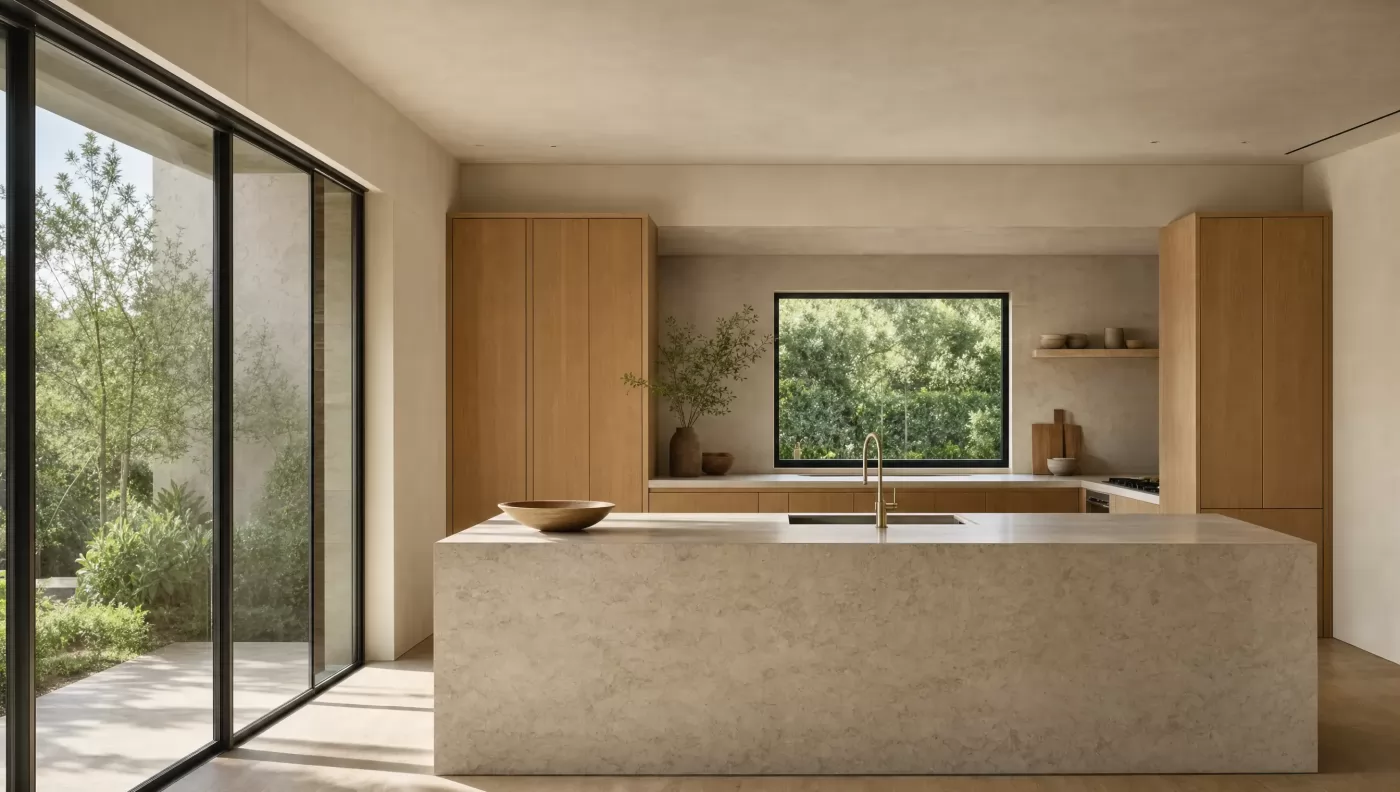 Kitchen with a pale stone island and integrated oak cabinetry beneath a window