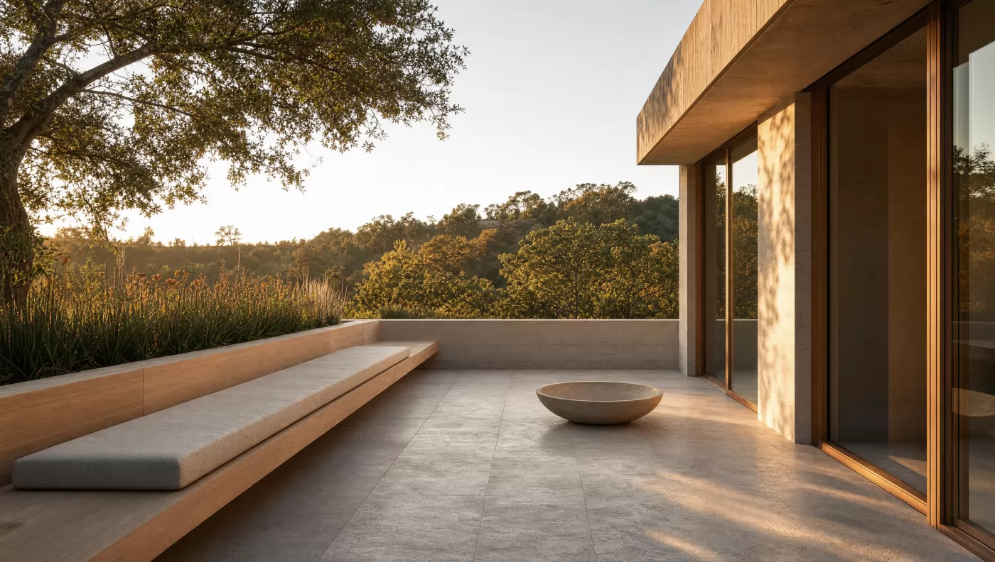 Stone terrace with a long bench and planting, looking out over treetops