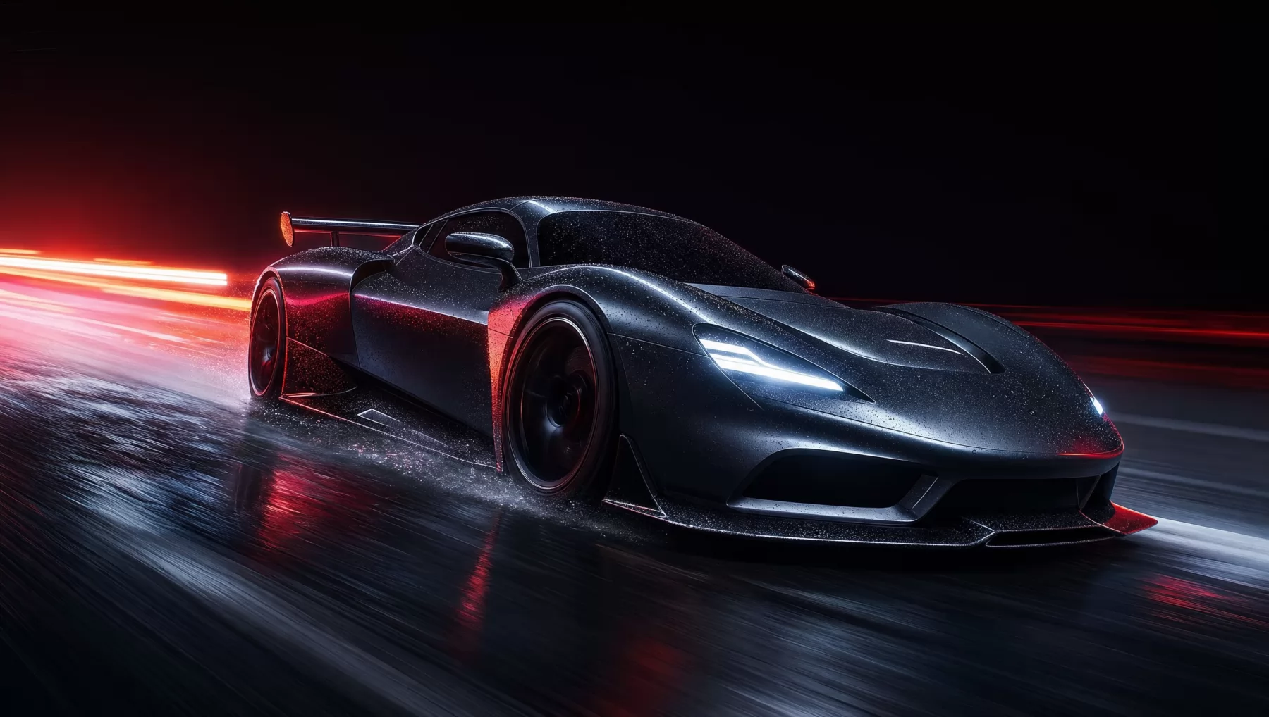 An unbranded black sports car at speed on wet asphalt at night, trailing red light streaks
