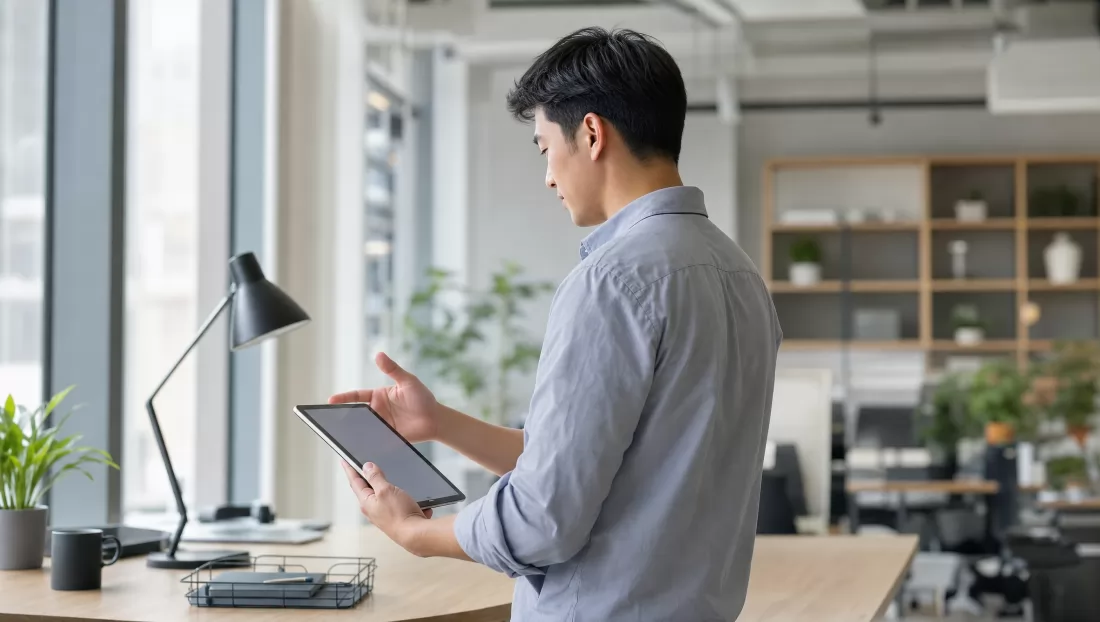 A person standing at a desk in a bright office, reviewing work on a tablet